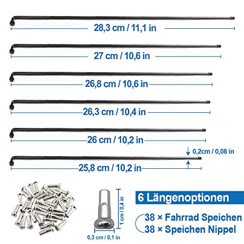 sinzau Radversender - Juego de radios para bicicleta de montaña (38 unidades, radios negros, 258-283 mm)