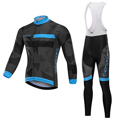 SKYSPER Ciclismo Maillot Hombres Jersey + Pantalones Largos Culote Mangas Largas de Ciclismo Conjunto de Ropa Maillot Entretiempo para Deportes al Aire Libre Ciclo Bicicleta