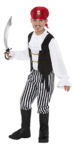 Smiffys-25761L Disfraz de Pirata y Camisa, Pantalones, cubrebotas, pañoleta para, Color Negro y Blanco, L-Edad 10-12 años (Smiffy'S 25761L)