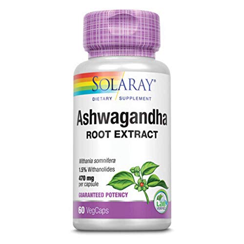 SOLARAY® Ashwagandha. 60 VegCaps. Extracto estandarizado de raíz Ashwagandha. Hierba utilizada en la tradición Ayurveda. Sin gluten. Apto para veganos.