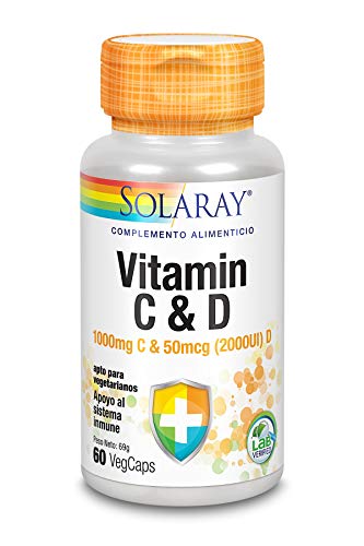 SOLARAY Vitamin C & D, 1000Mg C & 50Mcg D, Apto para Vegetarianos, Vegcaps 200 G, 60 Unidades