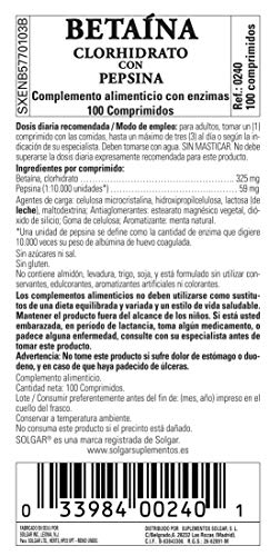 Solgar Betaína Clorhidrato con Pepsina, 100 Comprimidos