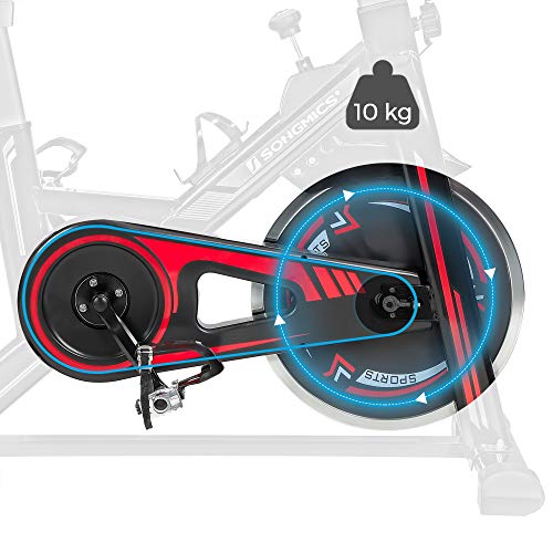 SONGMICS Bicicleta spinning, Bicicleta estática, para fitness en casa, con manillar ajustable, asiento y resistencia, sensor de pulso, pedales enjaulados, Negro y Rojo SEB617R01
