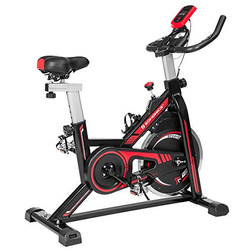 SONGMICS Bicicleta spinning, Bicicleta estática, para fitness en casa, con manillar ajustable, asiento y resistencia, sensor de pulso, pedales enjaulados, Negro y Rojo SEB617R01