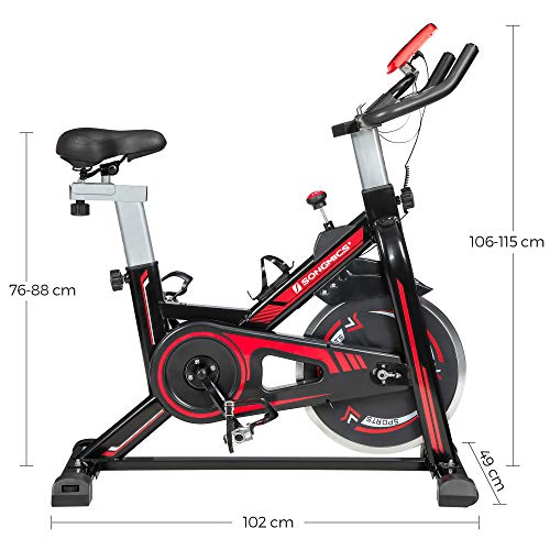 SONGMICS Bicicleta spinning, Bicicleta estática, para fitness en casa, con manillar ajustable, asiento y resistencia, sensor de pulso, pedales enjaulados, Negro y Rojo SEB617R01