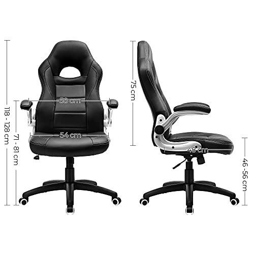 SONGMICS Silla Racing, Silla de Oficina Alta, con Altura Ajustable, Apoyabrazos Abatibles, Mecanismo de Inclinación, Silla para Juegos, Negro OBG28B