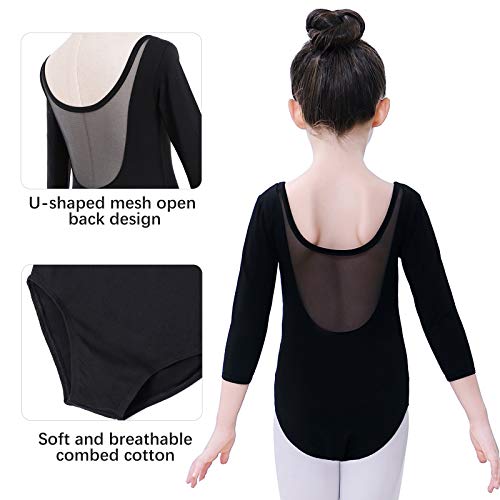 Soudittur Maillot de Ballet Danza Clásico para Niña Manga 3/4 Body Leotardo Gimnasia Ritmica (Negro, Tag 100 (Height: 95-105 cm))