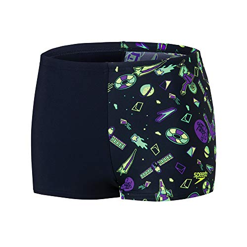 Speedo Allover 1 Leg Aquashort Bañador, Niños, True Navy/Green Glow/Fluo Yellow/Violet, 7-8