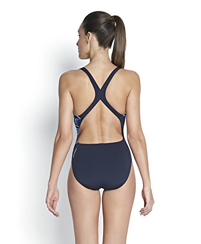 Speedo Placement Power Back Print 20 Bañador, Mujer, Azul-Navy/Violet/Adriatic, 28