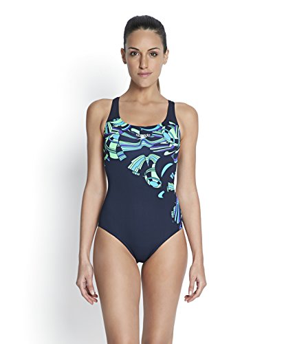 Speedo Placement Power Back Print 20 Bañador, Mujer, Azul-Navy/Violet/Adriatic, 28