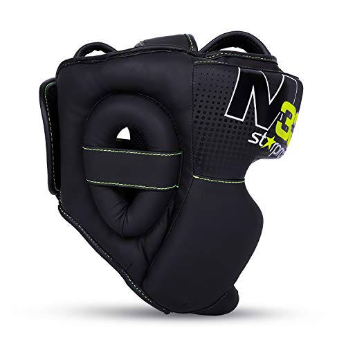 Starpro M33 Casco Boxeo de Cuero sintético Mate - Protección para la Cabeza y Las mejillas para Sparring en Boxeo Muay Thai Kickboxing Entrenamiento y peleas - Hombres y Mujeres - Negro y Verde