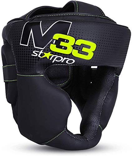 Starpro M33 Casco Boxeo de Cuero sintético Mate - Protección para la Cabeza y Las mejillas para Sparring en Boxeo Muay Thai Kickboxing Entrenamiento y peleas - Hombres y Mujeres - Negro y Verde