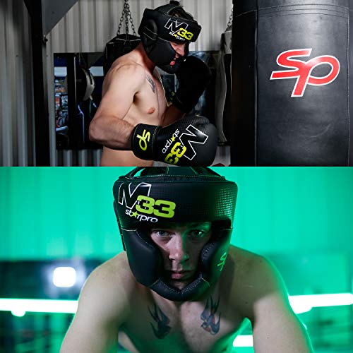 Starpro M33 Casco Boxeo de Cuero sintético Mate - Protección para la Cabeza y Las mejillas para Sparring en Boxeo Muay Thai Kickboxing Entrenamiento y peleas - Hombres y Mujeres - Negro y Verde