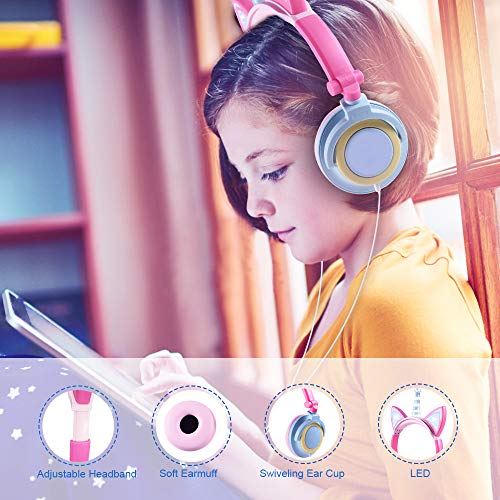 Sunvito - Auriculares de unicornio para niña, con orejas LED, con diseño de unicornio, con cable, plegables, auriculares para niñas de 2 años a 10 años, 85 dB Volumen