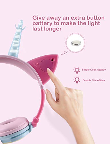 Sunvito - Auriculares de unicornio para niña, con orejas LED, con diseño de unicornio, con cable, plegables, auriculares para niñas de 2 años a 10 años, 85 dB Volumen