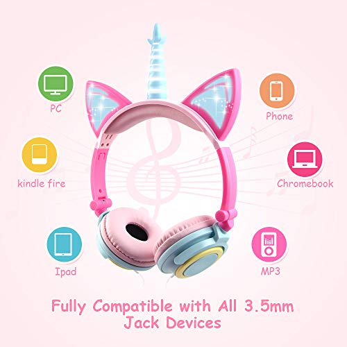 Sunvito - Auriculares de unicornio para niña, con orejas LED, con diseño de unicornio, con cable, plegables, auriculares para niñas de 2 años a 10 años, 85 dB Volumen