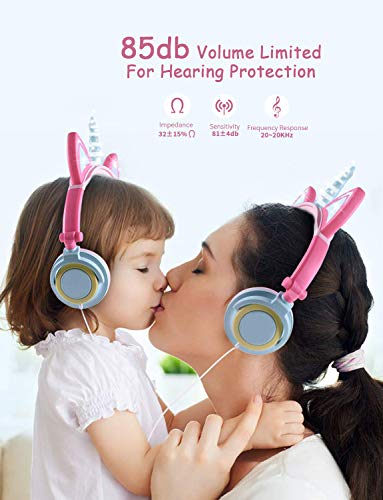 Sunvito - Auriculares de unicornio para niña, con orejas LED, con diseño de unicornio, con cable, plegables, auriculares para niñas de 2 años a 10 años, 85 dB Volumen
