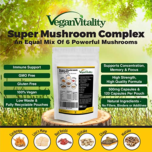 Suplemento de 6 Hongos – Reishi, Melena de León, Cordyceps, Chaga, Shitake y Maitake. 120 Cápsulas. 500mg Por Cápsula. Fórmula de Alta Resistencia para el Apoyo del Sistema Inmunológico y Bienestar