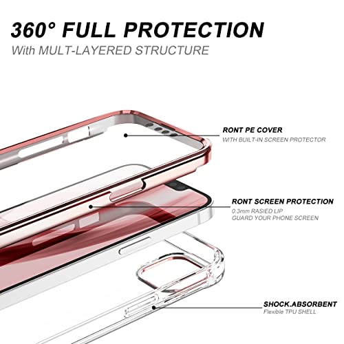 SURITCH Funda iPhone 13 Protector Pantalla Integrado 360 Protección híbrida Cuerpo Completo Carcasa Dura + TPU Carcasa iPhone 13 Protector para iPhone 13 6.1"(Oro Rosa)