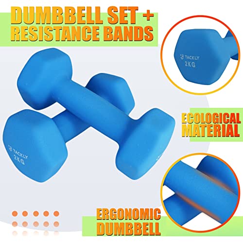 Tackly kit de mancuernas de neopreno 1- 3kg + cintas elásticas musculación fitness y soporte - Juego de pesas y mancuernas gimnasio en casa 1kg 2kg 3kg - set deporte entrenamiento mujer / hombre