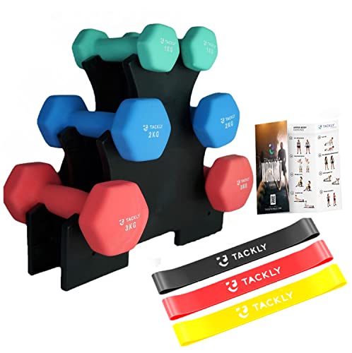 Tackly kit de mancuernas de neopreno 1- 3kg + cintas elásticas musculación fitness y soporte - Juego de pesas y mancuernas gimnasio en casa 1kg 2kg 3kg - set deporte entrenamiento mujer / hombre