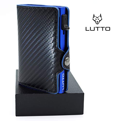 Tarjetero Fibra Carbono Hombre | Tarjetero pequeño Piel | Tarjetero metálico Aluminio Bloqueo RFID para Tarjetas de crédito | Cartera pequeña de Piel | Tarjetero de Cuero para Hombre. (Azul)