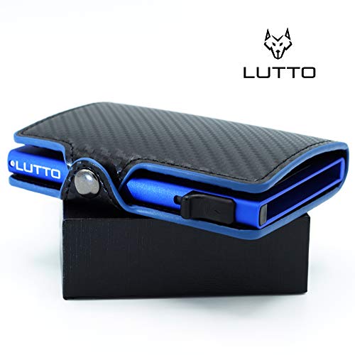 Tarjetero Fibra Carbono Hombre | Tarjetero pequeño Piel | Tarjetero metálico Aluminio Bloqueo RFID para Tarjetas de crédito | Cartera pequeña de Piel | Tarjetero de Cuero para Hombre. (Azul)