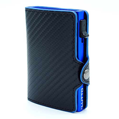 Tarjetero Fibra Carbono Hombre | Tarjetero pequeño Piel | Tarjetero metálico Aluminio Bloqueo RFID para Tarjetas de crédito | Cartera pequeña de Piel | Tarjetero de Cuero para Hombre. (Azul)