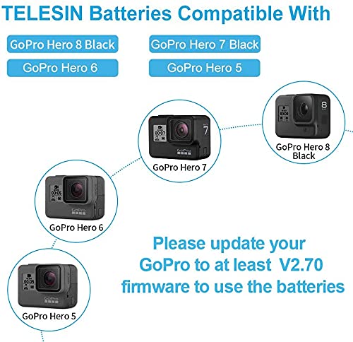 TELESIN Baterías con Cargador de Batería Triple para Gopro Hero 2018, Hero 5 Black, Hero 6 Black,Hero 7 Black 3 baterías con estuches de almacenamiento, cubierta de lente de la cámara