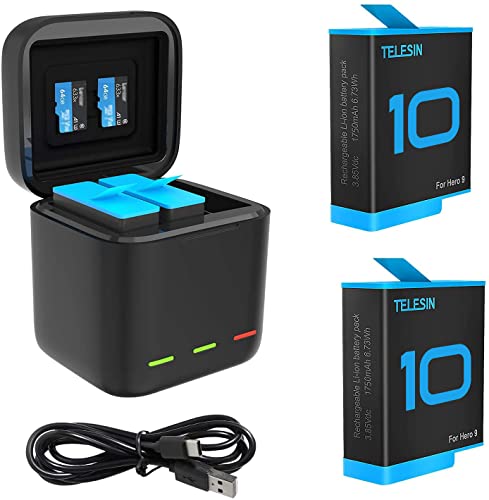 TELESIN Cargador Triple y Caja de Almacenamiento de batería con Cargador de 3 Canales con 2 baterías Recargables de Iones de Litio para GoPro Hero 10/9 Black (Cargador + 2 baterías)