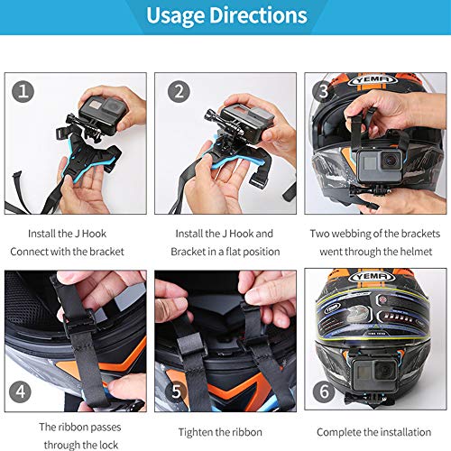 TELESIN Montaje de la correa del casco de la motocicleta para GoPro Hero 2018/6/5/4/3, sesión, sjcamm, akaso, campark, Polaroid, Osmo Acción, YI Action Camera Casco de montaje curvado