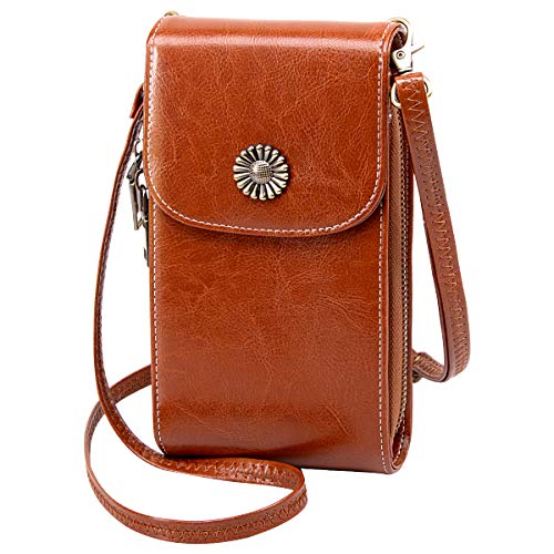 TEUEN Bolso de Teléfono Móvil para Mujer Cuero Pequeño con 5 Tarjetas Bolso Movil Mujer con Monedero, Mini Bolsa Bandolera Mujer de Auténtica Piel para Guardar Móvil de hasta 6,5" (Marrón)