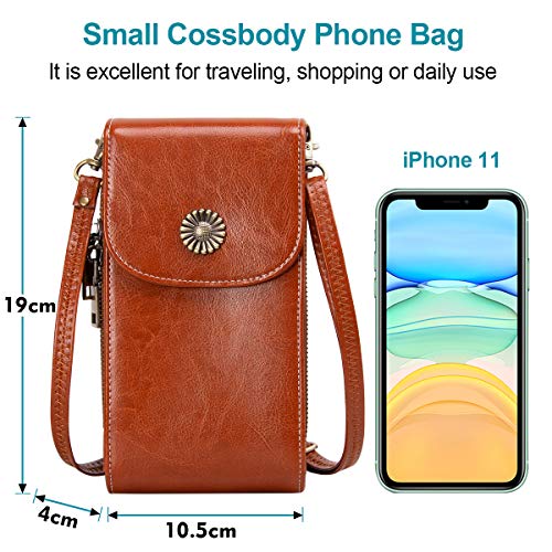 TEUEN Bolso de Teléfono Móvil para Mujer Cuero Pequeño con 5 Tarjetas Bolso Movil Mujer con Monedero, Mini Bolsa Bandolera Mujer de Auténtica Piel para Guardar Móvil de hasta 6,5" (Marrón)