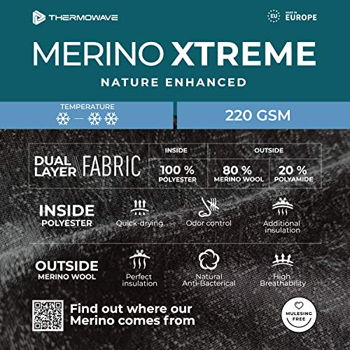 Thermowave Xtreme Merino Ropa interior térmica para hombre, camiseta de merino, con cremallera, cuello alto, manga larga, transporte óptimo de la humedad, 220 g/m², muy suave, secado rápido