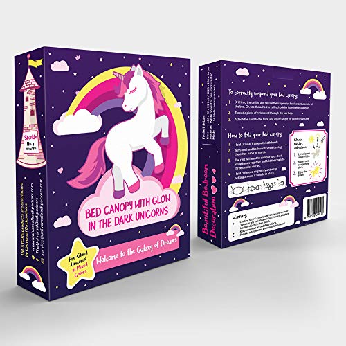 Toldo para cama de niña con unicornios prepegadas que brillan en la oscuridad – Princesa Mosquitera Decoración de la habitación – Tienda de dormitorio infantil y bebé con luces galaxias