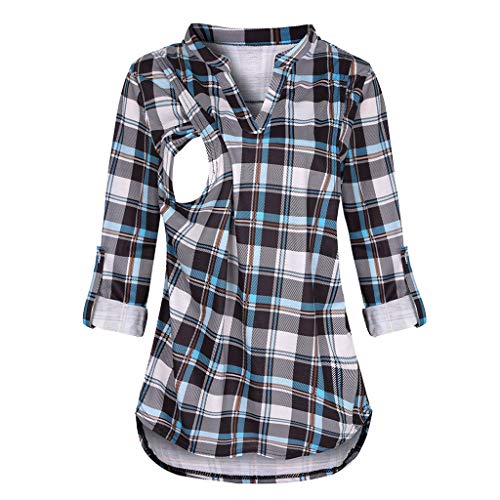 Topgrowth - Sudadera de Mujer para Lactancia - Camiseta de enfermería - Camiseta de premamá - Camisa de Manga Larga - Camisa de Cuadros Turquesa M