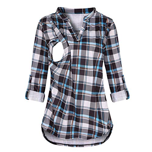 Topgrowth - Sudadera de Mujer para Lactancia - Camiseta de enfermería - Camiseta de premamá - Camisa de Manga Larga - Camisa de Cuadros Turquesa M
