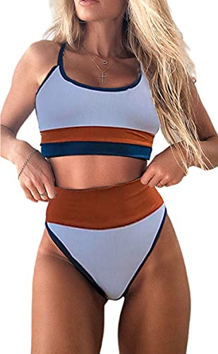 Traje De Baño para Mujer Color Block Push Up Bañador de Cintura Alta a Rayas con Control de Abdomen Conjuntos de Bikini de Dos Piezas