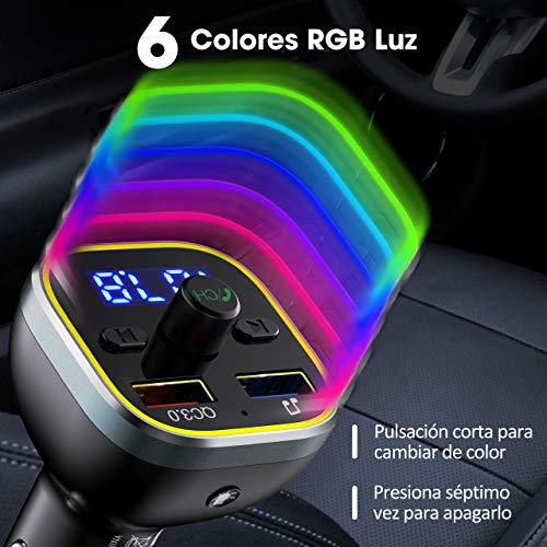 Transmisor FM Bluetooth Coche, [Luz de Anillo RGB], Adaptador Bluetooth para Coche, Inalámbrico Reproductor MP3 Mechero Coche Adaptador Receptor con Dual USB QC3.0 & 5V1A, Soporte Tarjetas SD + U Disk