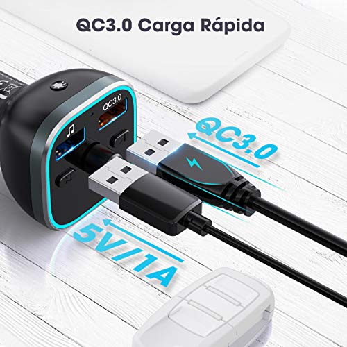 Transmisor FM Bluetooth Coche, [Luz de Anillo RGB], Adaptador Bluetooth para Coche, Inalámbrico Reproductor MP3 Mechero Coche Adaptador Receptor con Dual USB QC3.0 & 5V1A, Soporte Tarjetas SD + U Disk