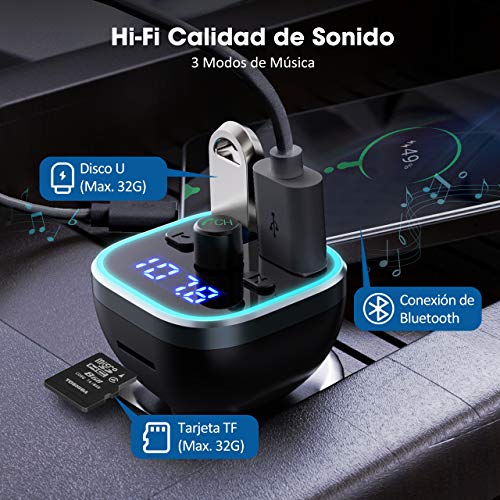 Transmisor FM Bluetooth Coche, [Luz de Anillo RGB], Adaptador Bluetooth para Coche, Inalámbrico Reproductor MP3 Mechero Coche Adaptador Receptor con Dual USB QC3.0 & 5V1A, Soporte Tarjetas SD + U Disk