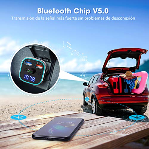 Transmisor FM Bluetooth Coche, [Luz de Anillo RGB], Adaptador Bluetooth para Coche, Inalámbrico Reproductor MP3 Mechero Coche Adaptador Receptor con Dual USB QC3.0 & 5V1A, Soporte Tarjetas SD + U Disk