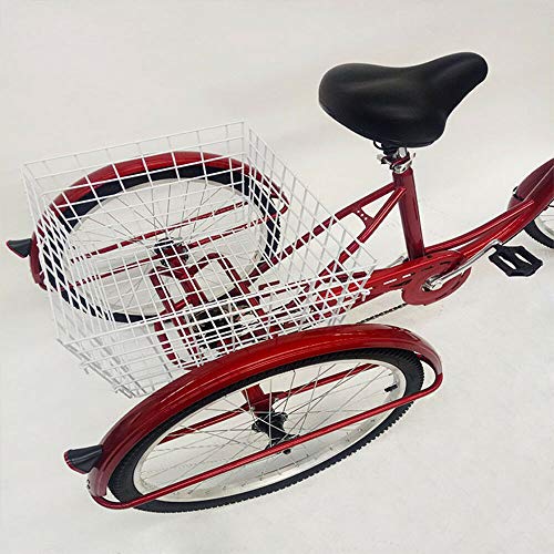 Triciclo para adulto de 24 pulgadas de 6 velocidades, bicicleta de pedal, con cesta de gran capacidad y luz para compras al aire libre, pícnic y Nica, color rojo