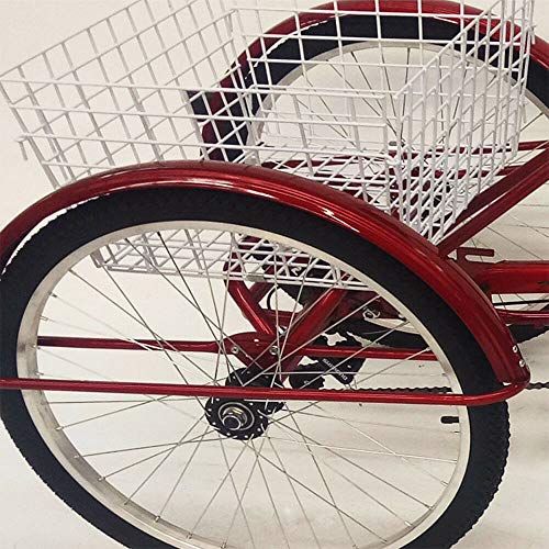 Triciclo para adulto de 24 pulgadas de 6 velocidades, bicicleta de pedal, con cesta de gran capacidad y luz para compras al aire libre, pícnic y Nica, color rojo