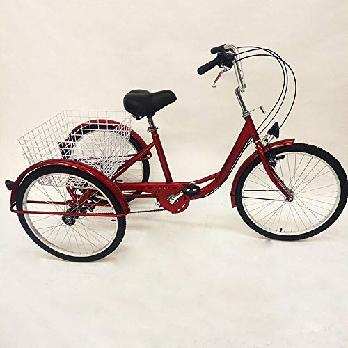 Triciclo para adulto de 24 pulgadas de 6 velocidades, bicicleta de pedal, con cesta de gran capacidad y luz para compras al aire libre, pícnic y Nica, color rojo