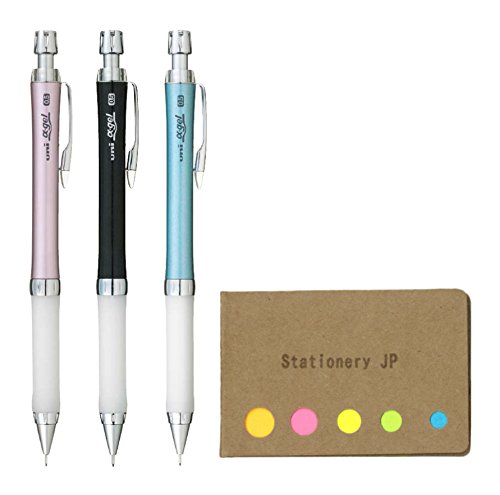 Uni Alpha Gel Shaker Mechanical Pencil Slim Model 0.5 mm, 3 Color Body (Noble Pink/Pure Black/Turquoise), Sticky Notes Value Set