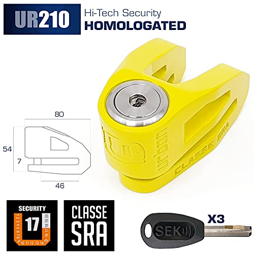 Urban Security UR210Y Candado Antirrobo Moto Disco, Homologado Sra, Doble cierre ø10, Acero inoxidable Amarillo