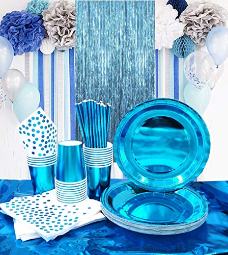 VAINECHAY Juego de Vajilla Fiesta Azul Vasos Platos de Papel Desechables Servilletas Pajitas Mantel Suministros Decoración Cumpleaños con Flecos Cortina Juego de Vajilla Boda Niños, 30 Invitados