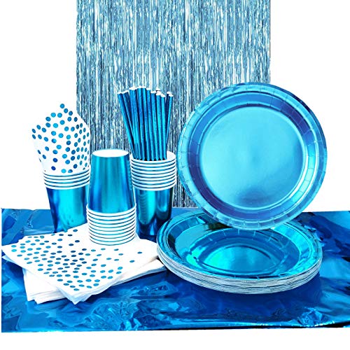 VAINECHAY Juego de Vajilla Fiesta Azul Vasos Platos de Papel Desechables Servilletas Pajitas Mantel Suministros Decoración Cumpleaños con Flecos Cortina Juego de Vajilla Boda Niños, 30 Invitados