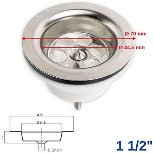 Válvula de drenaje para fregadero, 1 set, Ø 70 mm - 1 ½ Pulgadas, Parte superior en acero inoxidable 201, Tornillo de montaje M6 x 60, Base PP con tuerca de latón, Sello de PVC y tapón 45.5 mm, Tapa